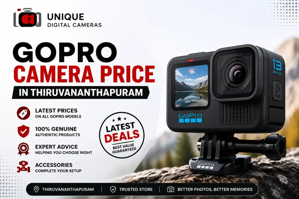 GoPro Camera Price in Thiruvananthapuram at Unique Digital Cameras featuring genuine GoPro Hero action cameras, creator bundles, and accessories.