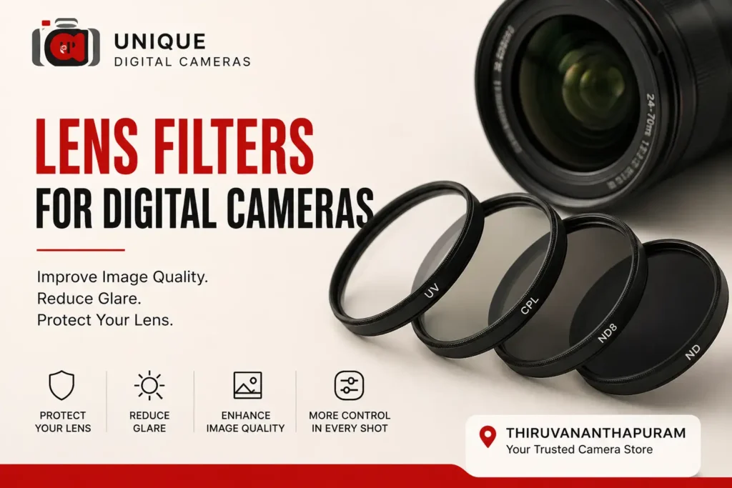 Lens filters for digital cameras including UV, CPL and ND filters at Unique Digital Cameras in Thiruvananthapuram