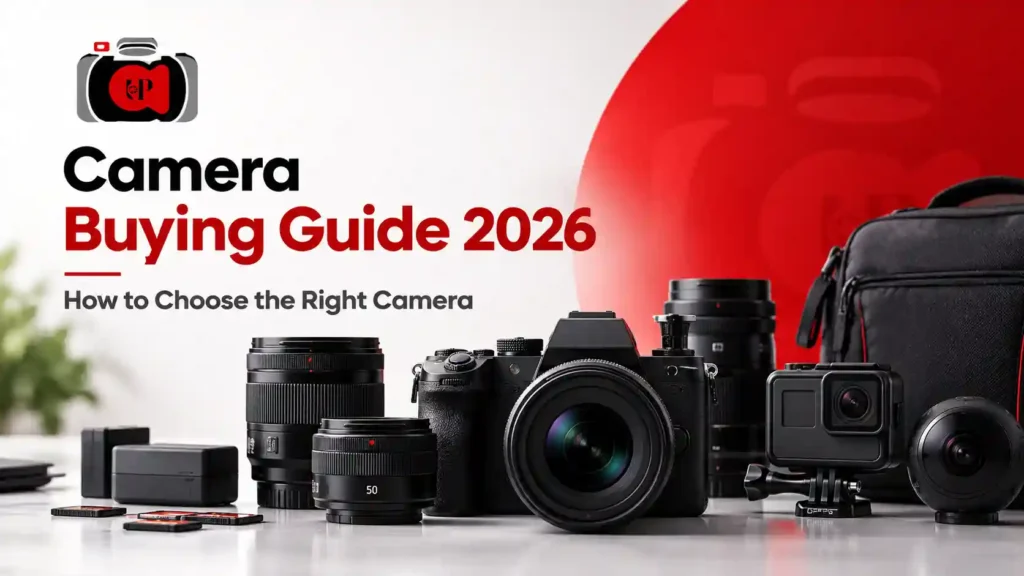 Camera Buying Guide 2026 showing different camera types, lenses, and photography equipment for buyers.